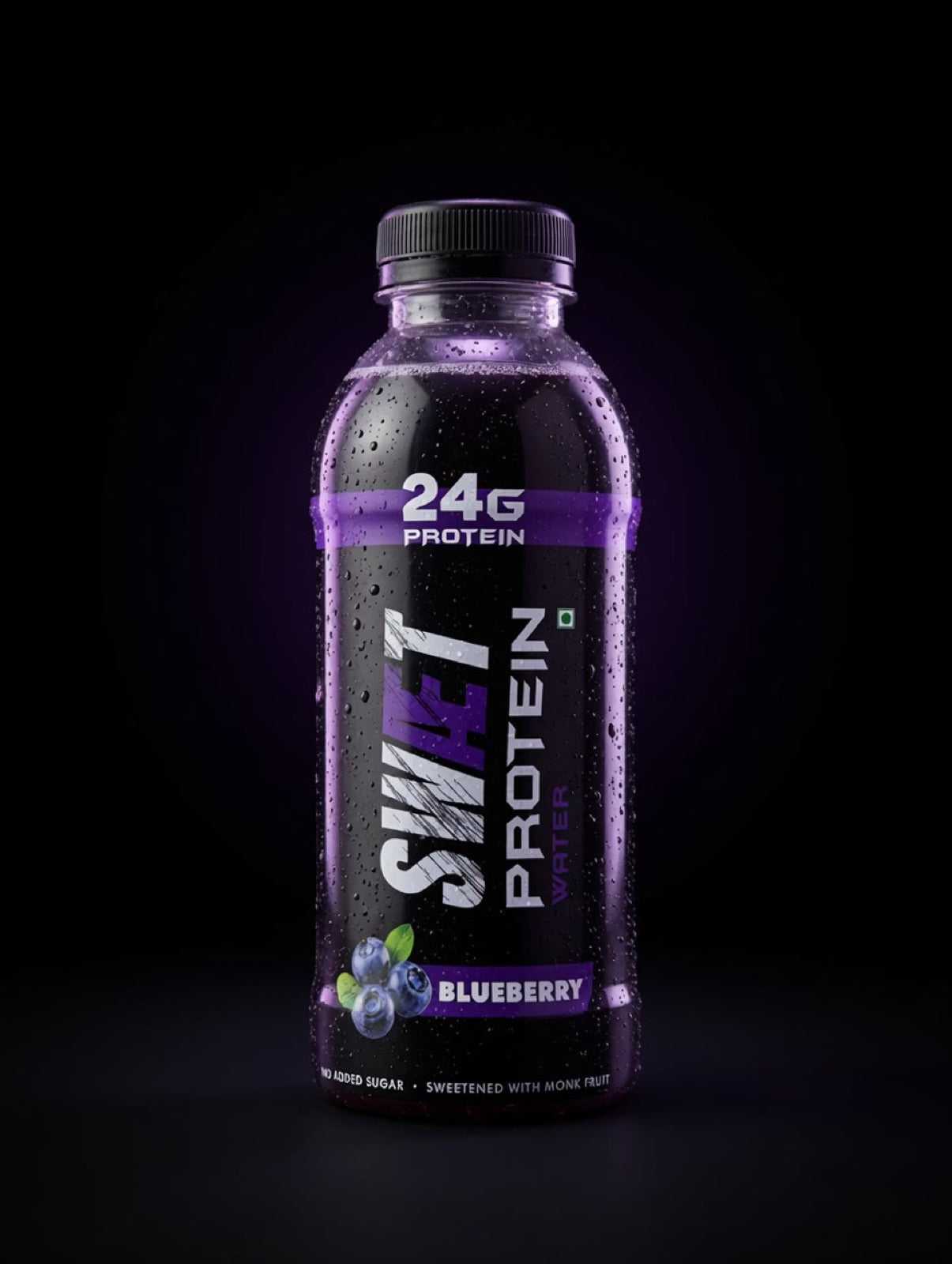 SWÆT Blueberry protein water 500ml bottle, purple rim light, studio shot on black