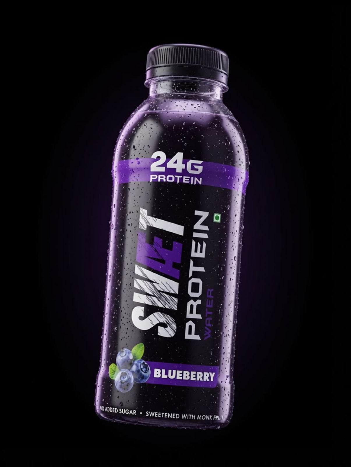 SWÆT Blueberry bottle studio shot with rim light