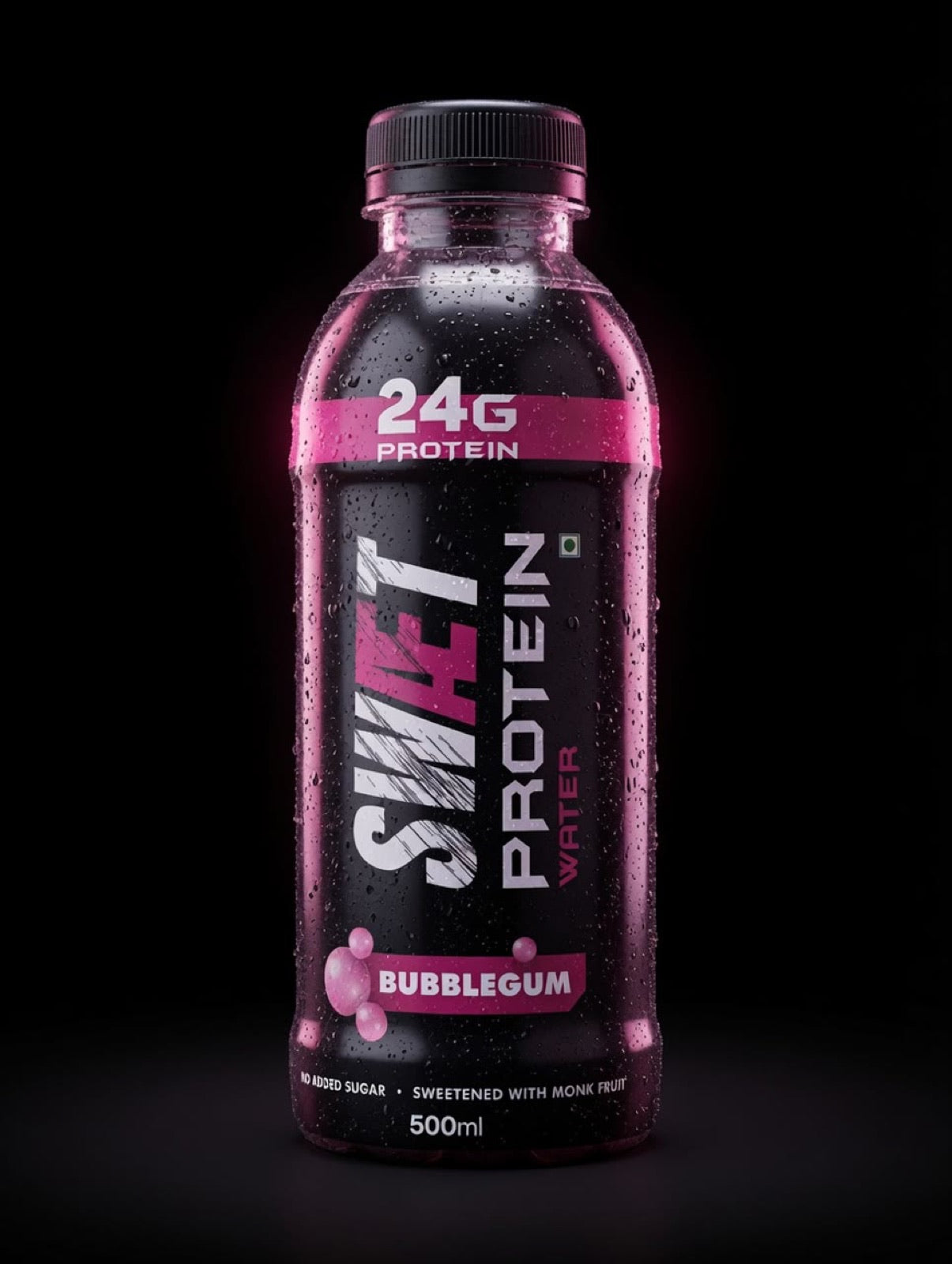 SWÆT Bubblegum protein water 500ml bottle, pink rim light, studio shot on black