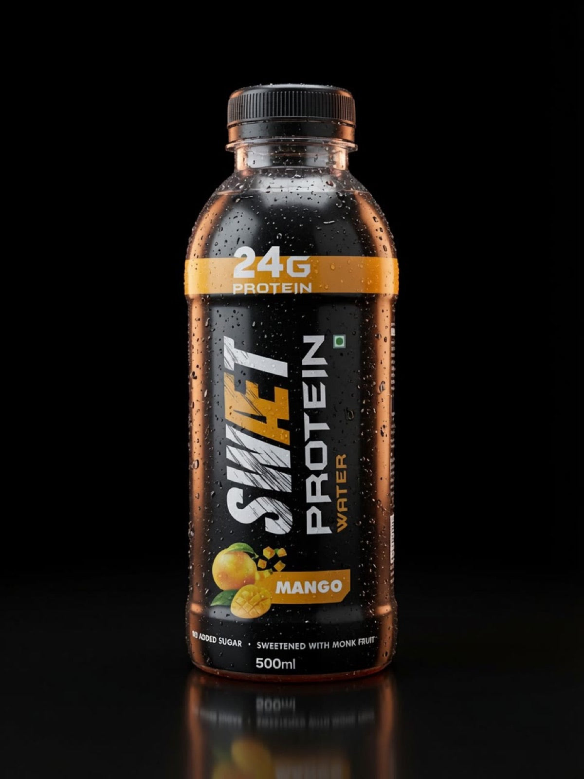 SWÆT Mango protein water 500ml bottle, 24g protein band, condensation, studio shot on black